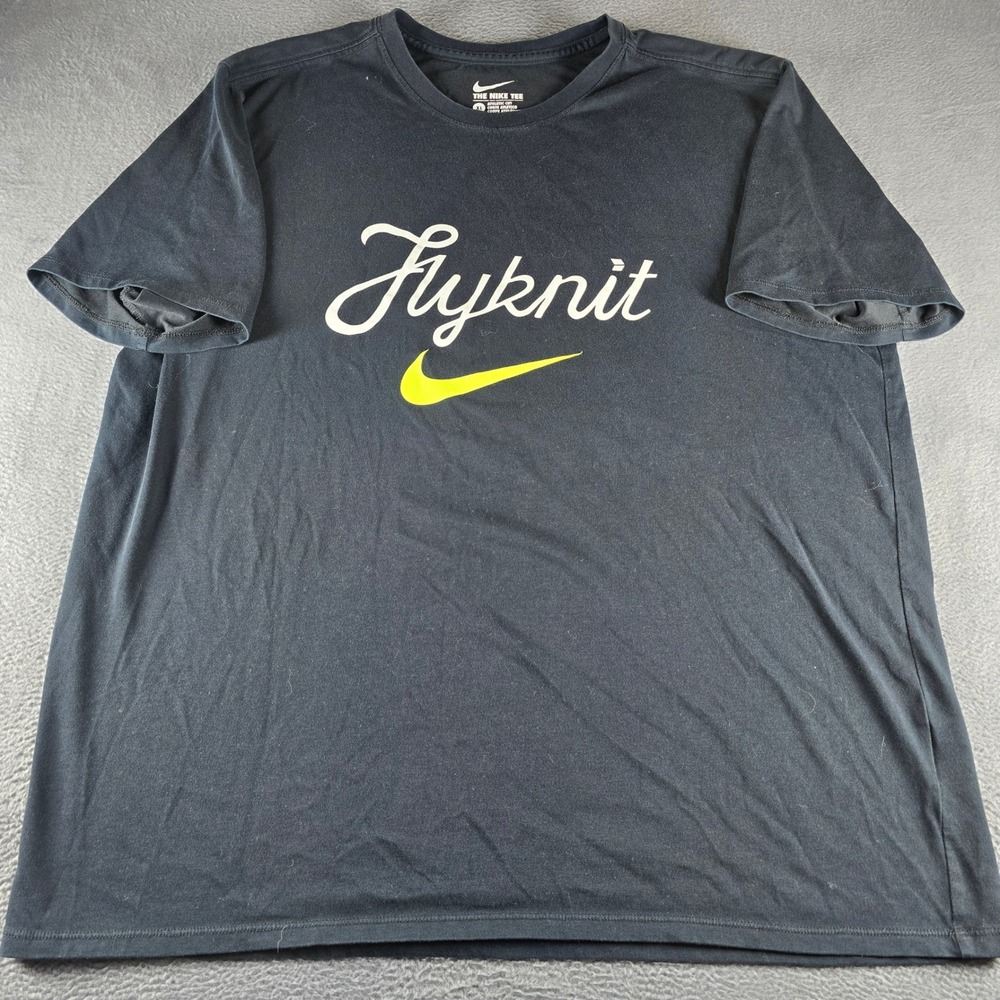 Nike Flyknit Graphic T-Shirt Mens XL Black Athletic Cut Script Logo Swoosh Tee